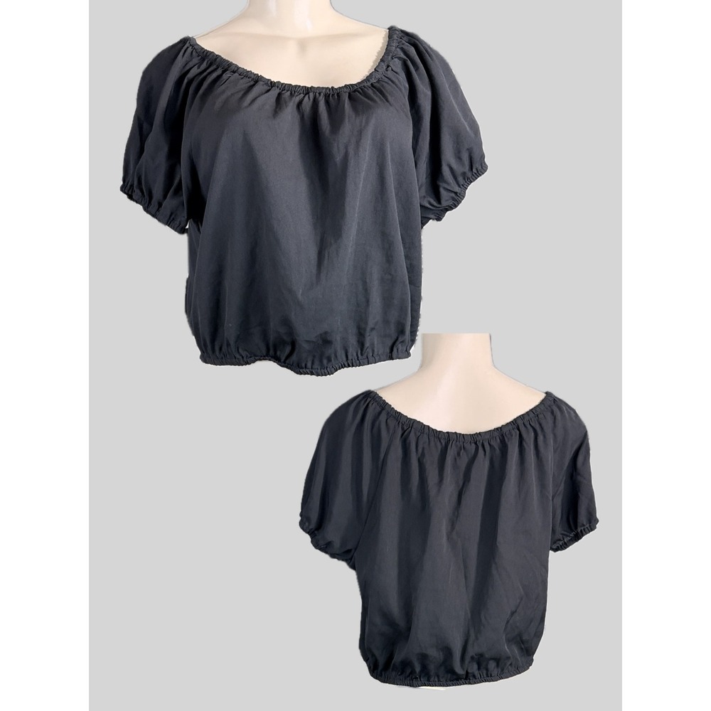 Mimmer L Black Short Sleeve Semi-Cropped Peasant Blouse Elastic Scoop Neck & Hem